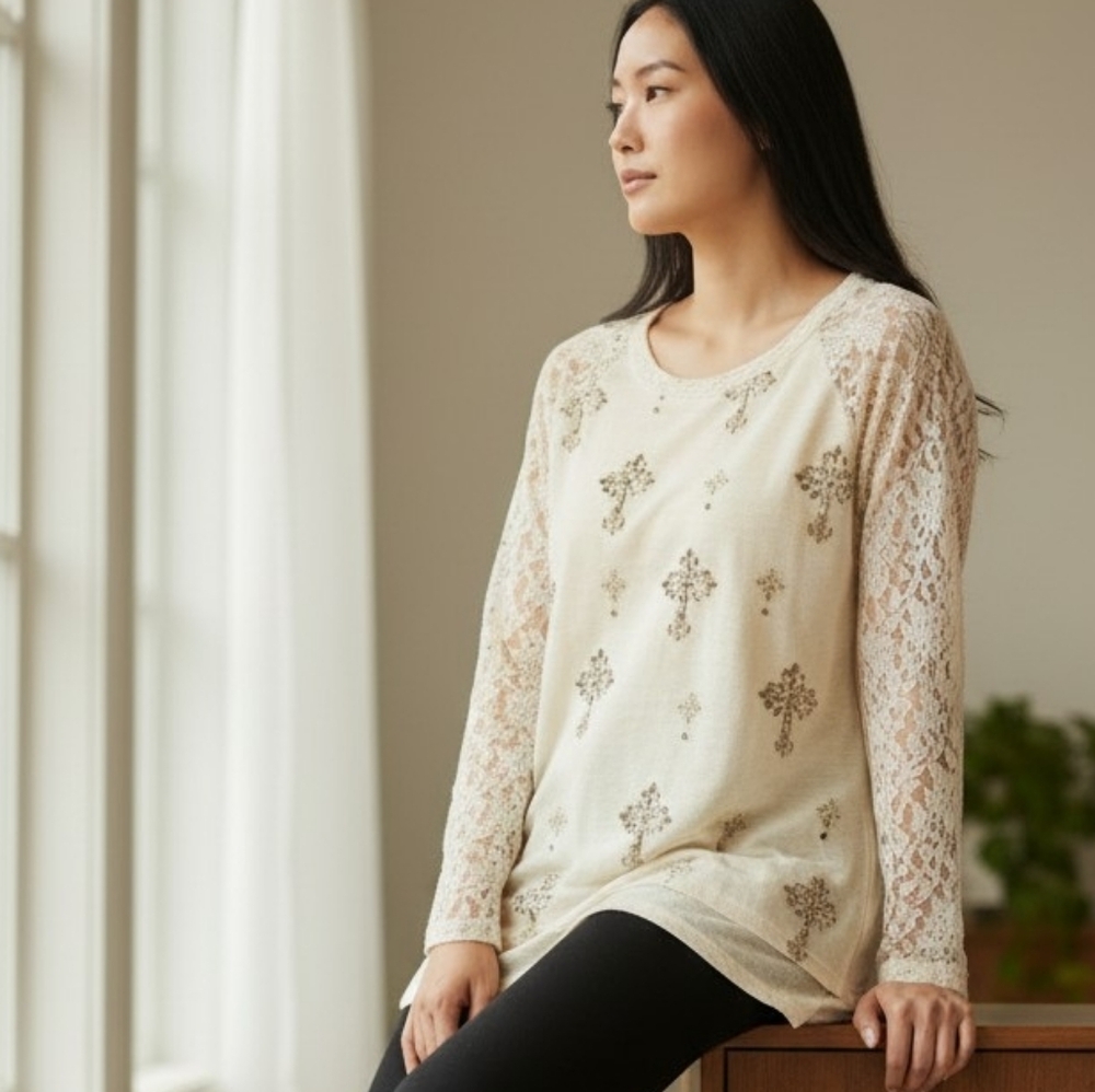 MISS ME Long Lace Sleeve Top Jewel Embellished Womens Western Bohemian